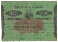 Banco de Cádiz
100 Reales de vellón. III emisión. Sin fecha. Verde. Tampón en reverso. ED.78. Doblado en ocho partes (alguna ligera falta de papel po...