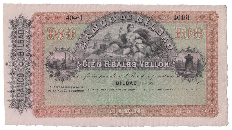 Banco de Bilbao
100 Reales de vellón. 21 agosto 1857. Serie F. Sin firmas, con ...