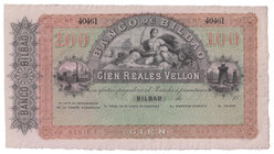 Banco de Bilbao
100 Reales de vellón. 21 agosto 1857. Serie F. Sin firmas, con numeración y matriz lateral izq. Papel con filigrana. ED.143. EBC+.
