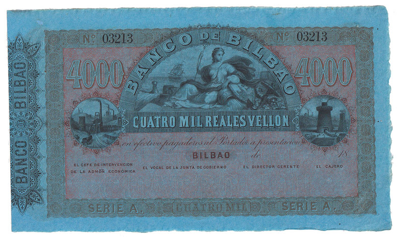 Banco de Bilbao
4000 Reales de vellón. 21 agosto 1857. Serie A. Sin firmas, con...