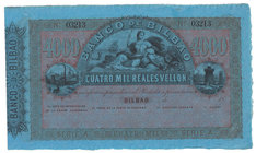 Banco de Bilbao
4000 Reales de vellón. 21 agosto 1857. Serie A. Sin firmas, con numeración y matriz lateral izq. Papel con filigrana. ED.148. EBC+.