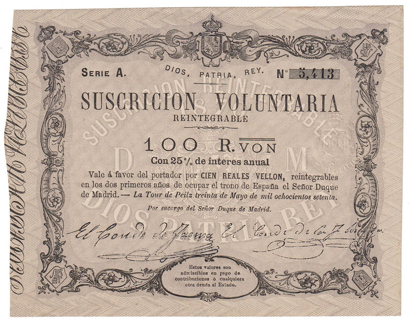Carlos VII Pretendiente
100 Reales de vellón. 30 mayo 1870. Serie A. I emisión ...