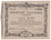Carlos VII Pretendiente
100 Reales de vellón. 30 mayo 1870. Serie A. I emisión de Tour de Peilz. Sello en seco. ED.196. EBC.