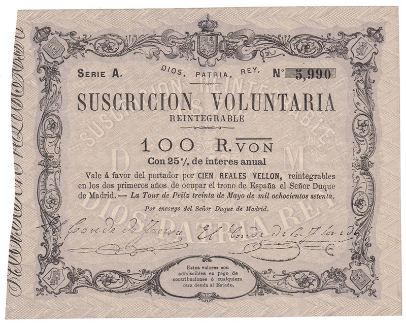 Carlos VII Pretendiente
100 Reales de vellón. 30 mayo 1870. Serie A. I emisión ...