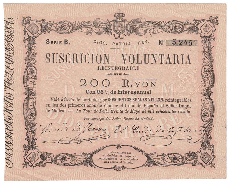 Carlos VII Pretendiente
200 Reales de vellón. 30 mayo 1870. Serie B. I emisión ...