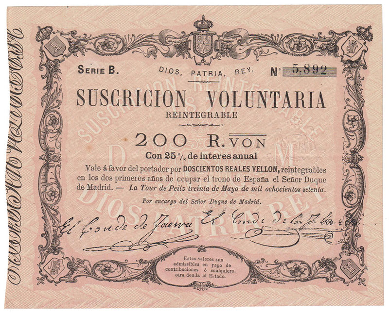 Carlos VII Pretendiente
200 Reales de vellón. 30 mayo 1870. Serie B. I emisión ...