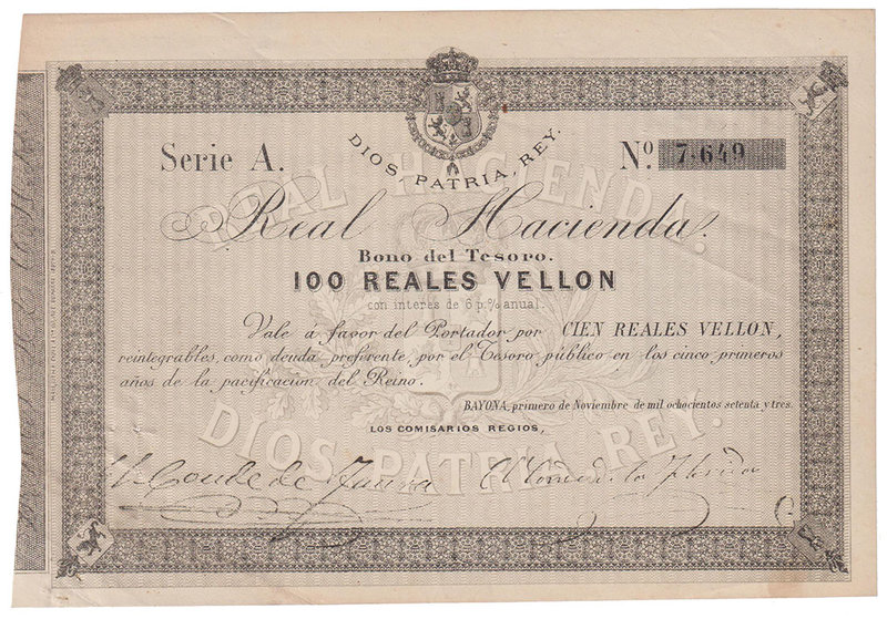 Carlos VII Pretendiente
100 Reales de vellón. 1 noviembre 1873. Serie A. Real H...