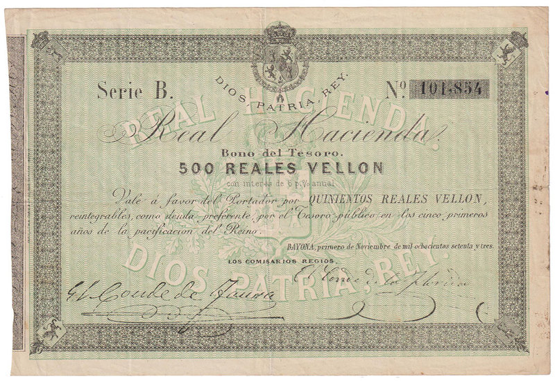 Carlos VII Pretendiente
500 Reales de vellón. 1 noviembre 1873. Serie B. Real H...