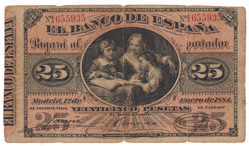 Banco de España
25 Pesetas. 1 enero 1884. Lección de geografía. ED.282. Doblado...