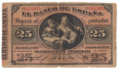 Banco de España
25 Pesetas. 1 enero 1884. Lección de geografía. ED.282. Doblado en ocho partes. Escaso. BC+.
