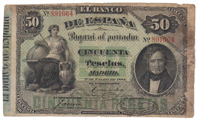 Banco de España
50 Pesetas. 1 enero 1884. Juan Álvarez Mendizábal. ED.283. Repa...