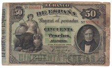 Banco de España
50 Pesetas. 1 enero 1884. Juan Álvarez Mendizábal. ED.283. Reparado, sobre todo el margen derecho. Escaso. (BC).