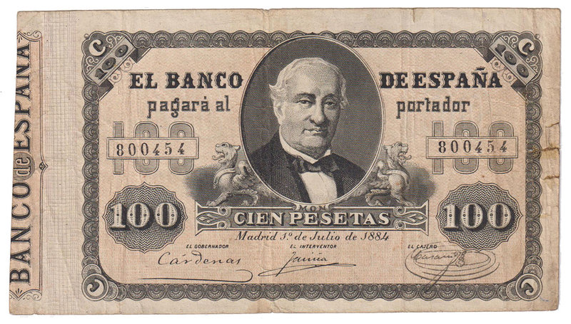 Banco de España
100 Pesetas. 1 Julio 1884. Alejandro Mon y Pidal. ED.289. Dobla...
