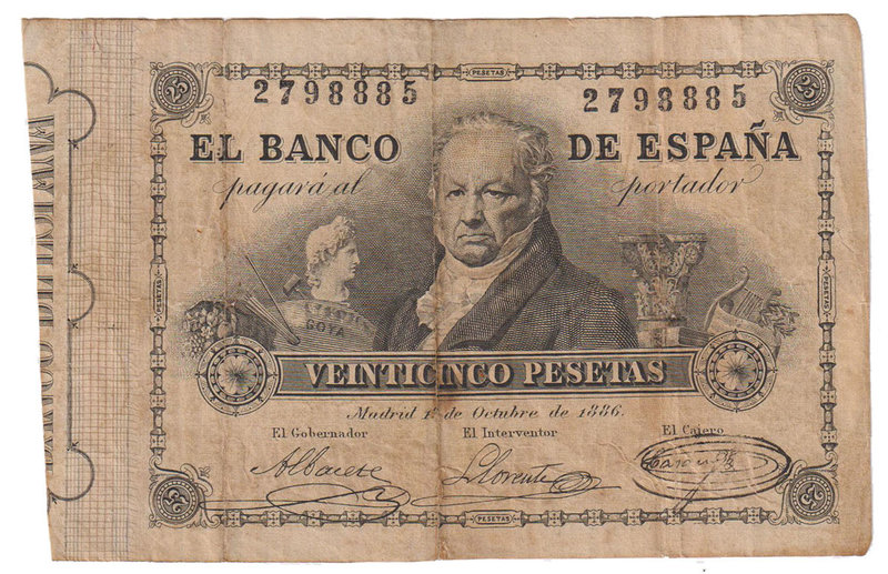 Banco de España
25 Pesetas. 1 octubre 1886. Francisco de Goya. ED.292. Reparado...