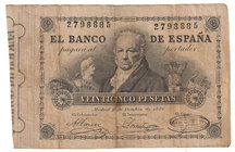 Banco de España
25 Pesetas. 1 octubre 1886. Francisco de Goya. ED.292. Reparado con celo en reverso. Muy escaso. MBC-/BC.