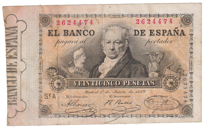 Banco de España
25 Pesetas. 1 junio 1889. Serie A. Francisco de Goya. ED.297. D...