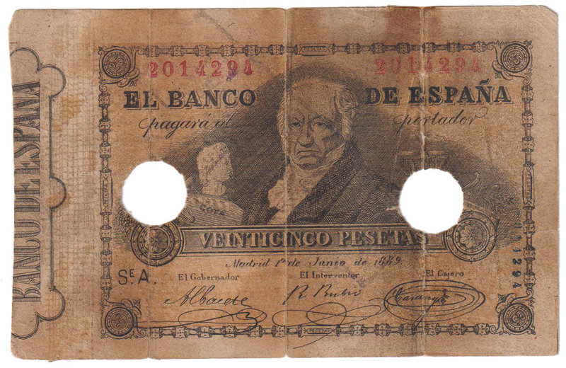 Banco de España
25 Pesetas. 1 junio 1889. Serie A. Francisco de Goya. Falso de ...