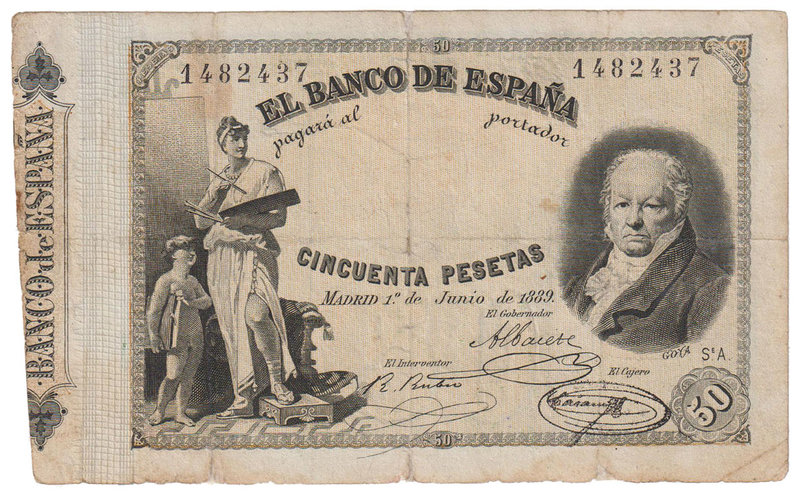 Banco de España
50 Pesetas. 1 junio 1889. Serie A. Francisco de Goya. ED.298. L...