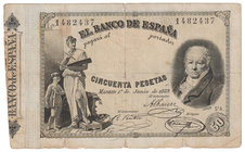 Banco de España
50 Pesetas. 1 junio 1889. Serie A. Francisco de Goya. ED.298. Ligeramente reparado. Muy escaso. (MBC-).