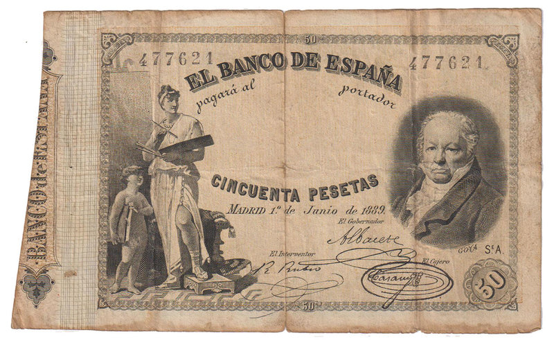 Banco de España
50 Pesetas. 1 junio 1889. Serie A. Francisco de Goya. ED.298. A...