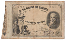 Banco de España
50 Pesetas. 1 junio 1889. Serie A. Francisco de Goya. ED.298. Algo sucio, ligera rotura por doblez y puntitos de aguja. Muy escaso. (...