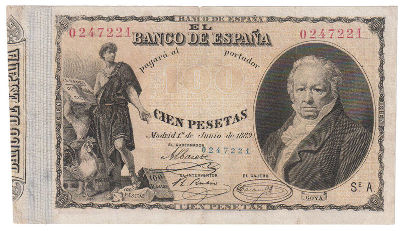 Banco de España
100 Pesetas. 1 junio 1889. Serie A. Francisco de Goya. ED.299. ...