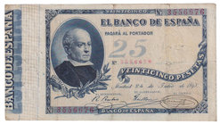 Banco de España
25 Pesetas. 24 Julio 1893. Jovellanos. ED.300. Ligeramente reparado. Escaso. (MBC-).