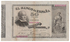 Banco de España
50 Pesetas. 24 Julio 1893. Jovellanos. ED.301. Pequeñas reparaciones. Escaso. MBC+/MBC-.