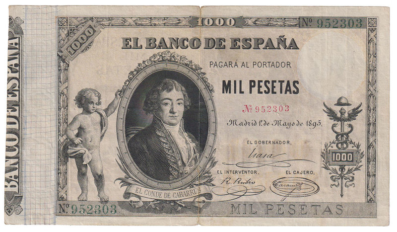 Banco de España
1000 Pesetas. 1 mayo 1895. Conde de Cabarrús. ED.303. Reparado ...