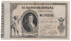 Banco de España
1000 Pesetas. 1 mayo 1895. Conde de Cabarrús. ED.303. Reparado en doblez central. Raro. (MBC-).
