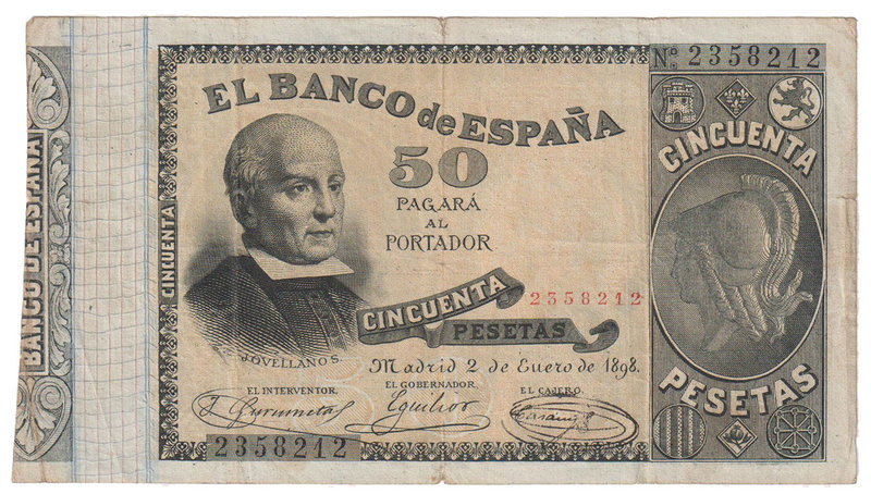 Banco de España
50 Pesetas. 2 enero 1898. Jovellanos. ED.304. Doblado en cuatro...
