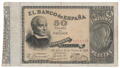 Banco de España
50 Pesetas. 2 enero 1898. Jovellanos. ED.304. Doblado en cuatro partes. Muy escaso. MBC/MBC-.