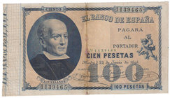 Banco de España
100 Pesetas. 24 junio 1898. Jovellanos. ED.305. Reparado en doblez central con pegamento. Escaso. (MBC-).