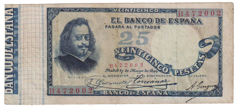 Banco de España
25 Pesetas. 17 mayo 1899. Serie B. Quevedo. ED.306a. Pequeña re...
