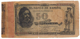 Banco de España
50 Pesetas. 25 noviembre 1899. Serie A. Quevedo. Falso de época. ED.307F. (BC-).