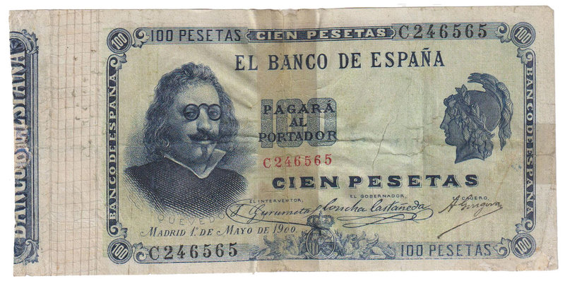 Banco de España
100 Pesetas. 1 mayo 1900. Serie C. Quevedo. ED.308a. Reparado c...
