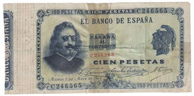 Banco de España
100 Pesetas. 1 mayo 1900. Serie C. Quevedo. ED.308a. Reparado con celo. (BC).