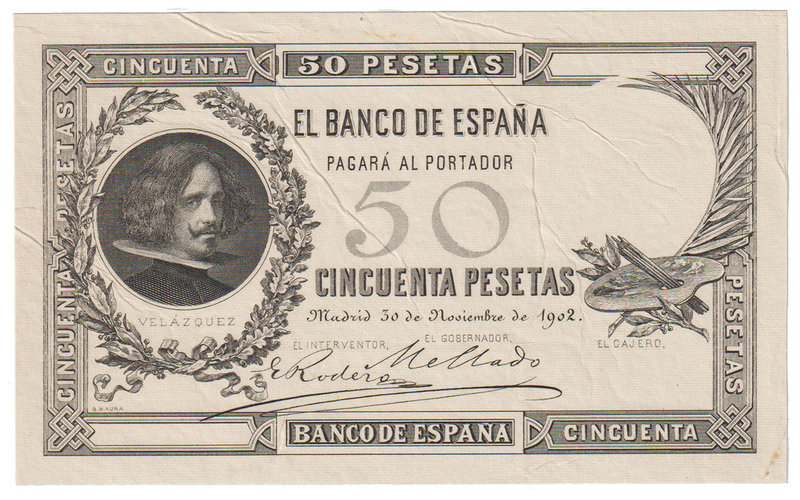 Banco de España
50 Pesetas. 30 noviembre 1902. Velázquez. Prueba de anverso, si...