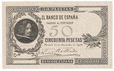 Banco de España
50 Pesetas. 30 noviembre 1902. Velázquez. Prueba de anverso, sin numeración ni firma de cajero. ED.309P. Ligeras arrugas. Escaso. EBC...