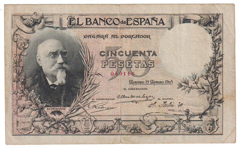 Banco de España
50 Pesetas. 19 marzo 1905. Sin serie. José Echegaray. ED.312. R...