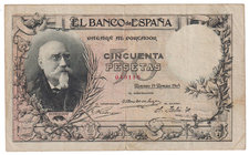 Banco de España
50 Pesetas. 19 marzo 1905. Sin serie. José Echegaray. ED.312. Raro. MBC.