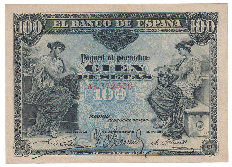 Banco de España
100 Pesetas. 30 junio 1906. Serie A. ED.313a. MBC+.