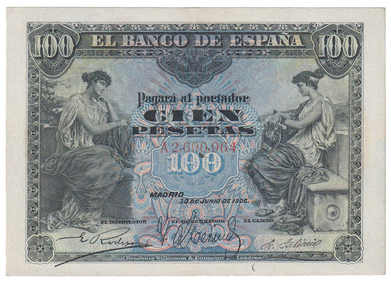 Banco de España
100 Pesetas. 30 junio 1906. Serie A. ED.313a. Lavado y reparado...