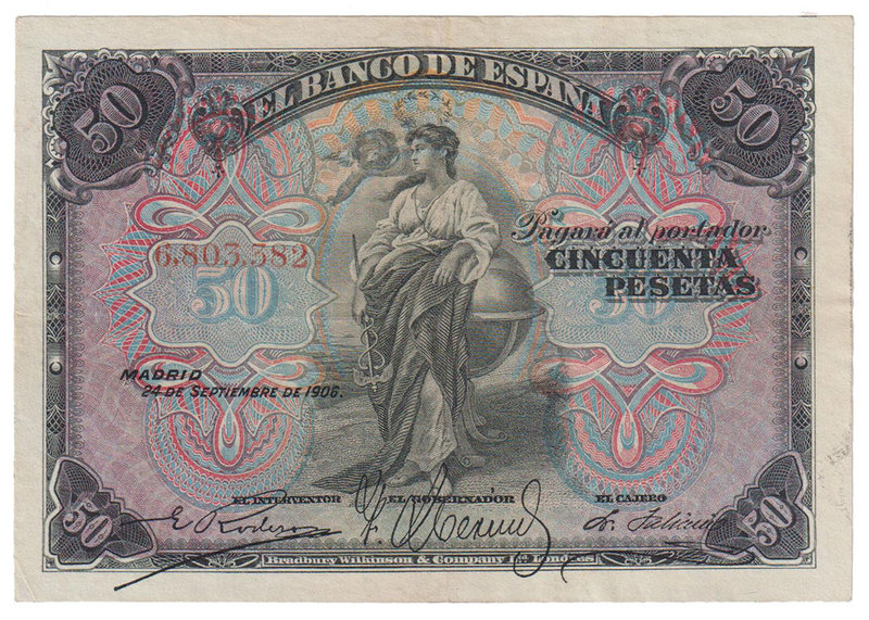 Banco de España
50 Pesetas. 24 septiembre 1906. Sin serie. ED.315. Ligera firma...