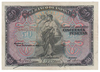 Banco de España
50 Pesetas. 24 septiembre 1906. Sin serie. ED.315. Ligera firma en reverso. MBC+.
