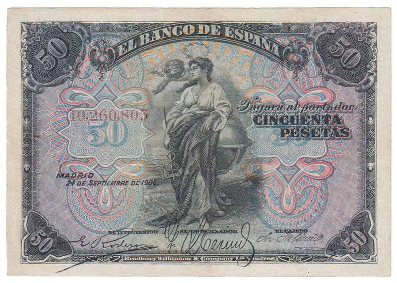 Banco de España
50 Pesetas. 24 septiembre 1906. Sin serie. ED.315. Lavado y pla...