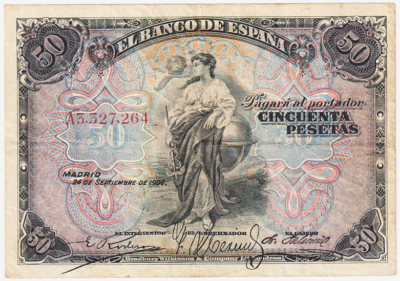 Banco de España
50 Pesetas. 24 septiembre 1906. Serie A. ED.315a. Escrito a tin...