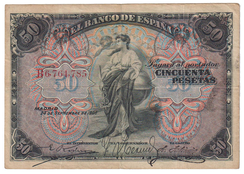 Banco de España
50 Pesetas. 24 septiembre 1906. Serie B. ED.315a. Puntitos de a...
