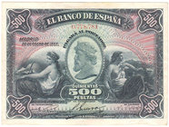 Banco de España
500 Pesetas. 28 enero 1907. Sin serie. ED.316. Doblado en cuatro partes. Muy buen ejemplar de este muy raro billete. MBC+.