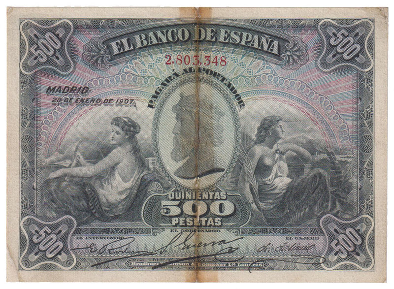 Banco de España
500 Pesetas. 28 enero 1907. Sin serie. ED.316. Reparado con cel...